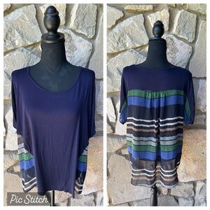 Bobeau Tunic Top Medium‎ Navy Blue Knit Striped Chiffon Hi Lo Hem Excellent